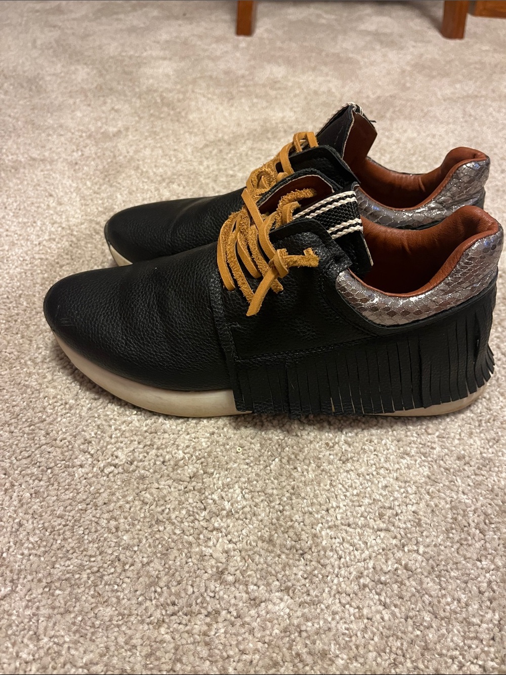Women’s Black Leather Fringe Sneakers with Brown Accents